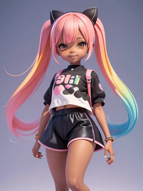 (master-piece), (beste-Qualit), (ultra-detail), (full entire body: 1.2) black girl loli, Small pants and shirts, A clear smile, full entire body, :3, multicolored hair, short, transfer, fearful, present, Modern accessories, Pastel color background , Colorf...