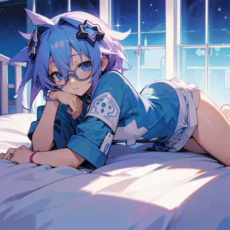 neptune neptunia as a shota laying in bed at night wearing glasses bulge