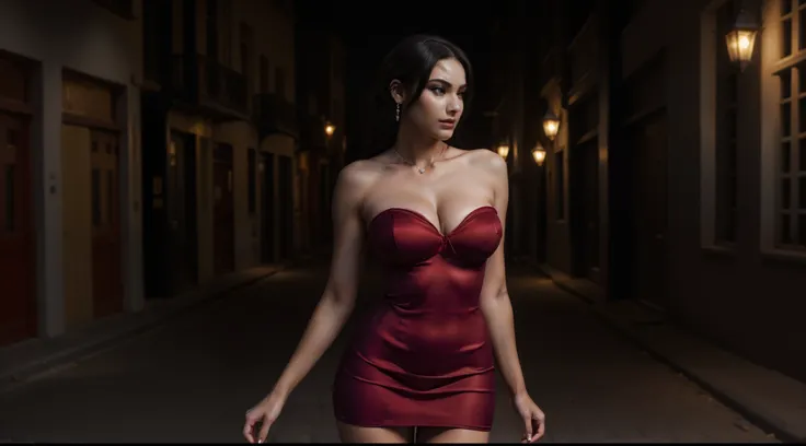 a female fatale with striking features,dangerous and seductive gaze,((standing (alone:1.4) in a dimly lit alley:1.4)),((full-body:1.4, cinematic-shot)),(best quality,4k,8k,highres,masterpiece:1.2),ultra-detailed,(realistic,photorealistic,photo-realistic:1....