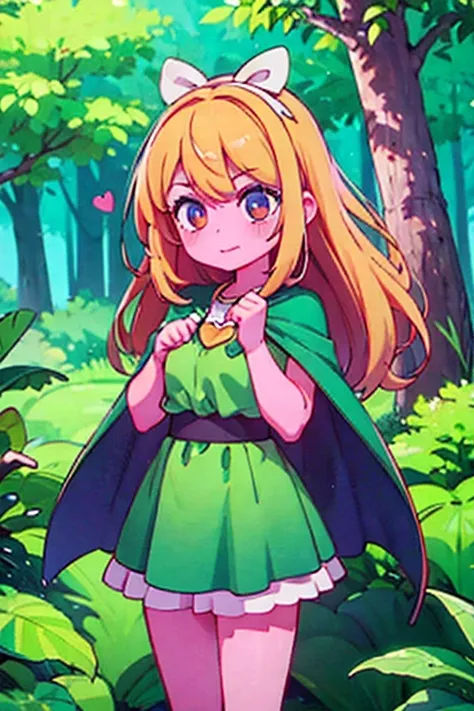 A female character, girl, golden hair, wear a green dress, a dark green cape with a golden bow, and a hot-pink heart-shaped pendant, set in a charming forest scene.