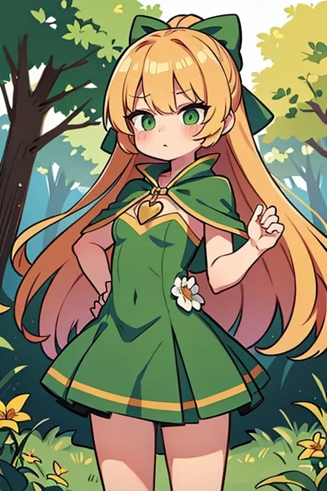 a female character, girl, golden hair, wear a green dress, a dark green cape with a golden bow, and a hot-pink heart-shaped pend...