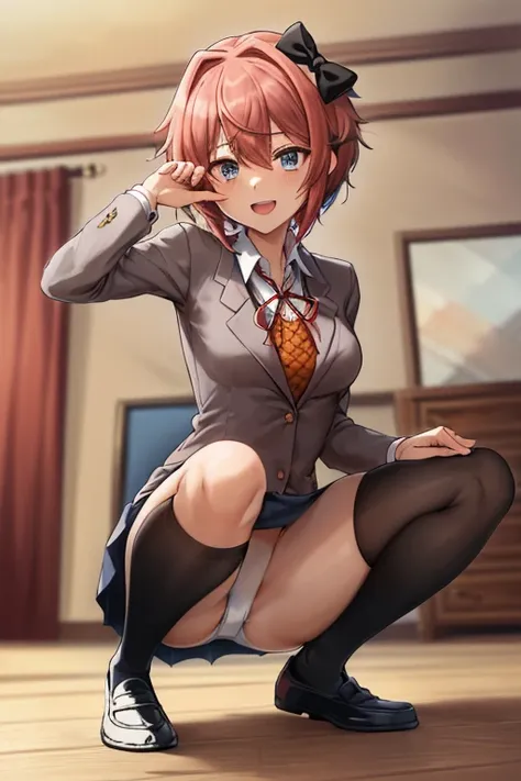 2d, masterpiece, ((squating:1.4)), living room, floor, best quality, ((full body)), full pose, anime, highly detailed, cowboy shot, 1girl, solo, sayori, blue eyes, pink hair, hair bow, short hair, ((red hair bow)), medium breast, school uniform, blazer, br...