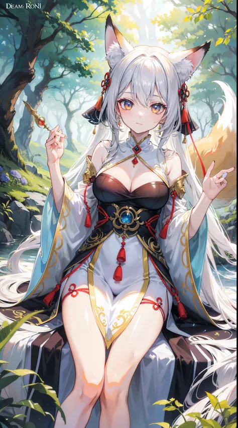 a mesmerizing portrait of a fox spirit, with enchanting eyes and a mischievous smile. The fox spirit has a graceful and alluring appearance, with flowing fur and a slender body. The fur is vibrant and glossy, with a mix of fiery red, golden, and white tone...