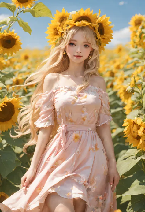 (golden sunflower art), like a dream, cherrie_blooming flower, fall_petals, petals, Branch, Pink_Flowers, 1 busty girl,20yr old, blue_sky sky, springtime_(seasons), petals_show on_liquids, Flowers, hanami, a skirt, (Long curly blonde hair：1.5),Wearing a ga...