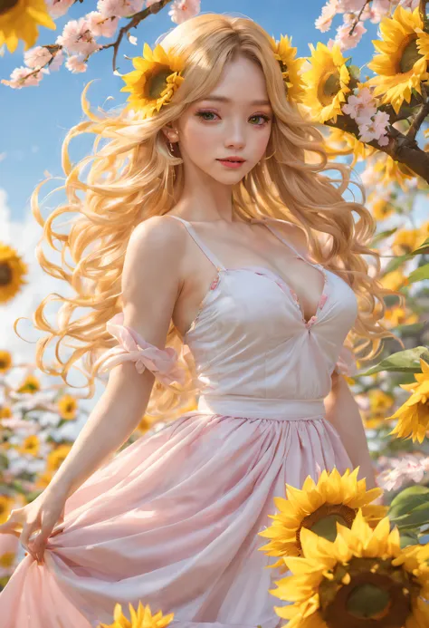 (golden sunflower art), like a dream, cherrie_blooming flower, fall_petals, petals, Branch, Pink_Flowers, 1 busty girl,20yr old, blue_sky sky, springtime_(seasons), petals_show on_liquids, Flowers, hanami, a skirt, (Long curly blonde hair：1.5),Wearing a ga...