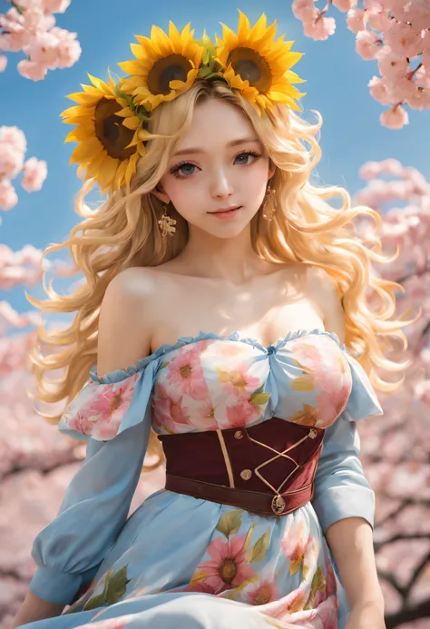 (golden sunflower art), like a dream, cherrie_blooming flower, fall_petals, petals, Branch, Pink_Flowers, 1 busty girl,20yr old, blue_sky sky, springtime_(seasons), petals_show on_liquids, Flowers, hanami, a skirt, (Long curly blonde hair：1.5),Wearing a ga...