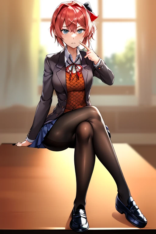 2d, masterpiece, ((sitting on table:1.4)), ((crossed legs)), living room, floor, best quality, ((full body)), full pose, anime, highly detailed, cowboy shot, 1girl, solo, sayori, blue eyes, pink hair, hair bow, short hair, ((red hair bow)), medium breast, ...