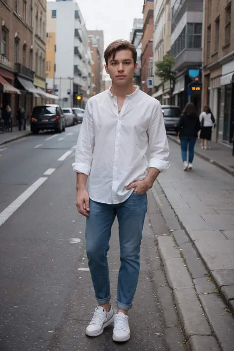 still photo of a man with white blouse, blue jeans and brown sneakers, standing on the street, very realistic photo, 4k, high detailed face, legs, hands, meaningful glance, bokeh(1.2), blur(0.8)