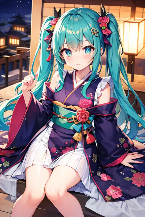 ​masterpiece、Top image quality、超A high resolution、miku hatsune、blue hairs、Twin-tailed、Blushing、Cute and shy、Short kimono、well-shaped thighs、kyoto、Japan、Night