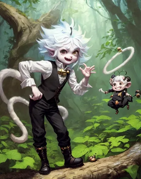 a small male imp with white hair, insect antennae, monkey tail, black vest with bells, cheeky expression, crazy hair, childlike, black pants and boots, fantasy forest in background, big eyes, sunny day, laughing, gleeful, by justin gerard, short legs