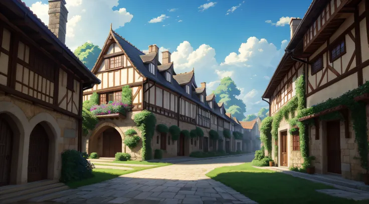 4K, actual, The content is very detailed, wide wide shot, Humid medieval town, A vibrant one, Dream plants, A big house, Makoto Shinkais style, anime backgrounds, concept-art, (No characters appear), Luzes Realistas, Epic work, diffuse, (tmasterpiece, Best...