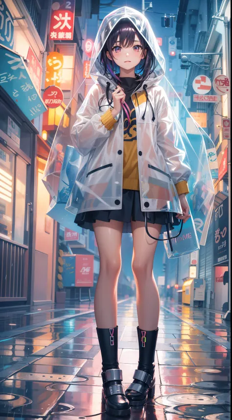 Best quality at best，16K quality，Ultra-clear image quality，Anime girl standing in rain in raincoat, Rainbow color illustration, magically glowing, Shiny and colorful, a hologram, author：Yumi, Anime art wallpaper 8 K, Guvitz-style artwork, Anime art wallpap...