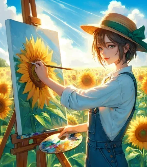 1lady solo, (painting (a sunflower oil painting) on a canvas), (stylish outfit) overalls (hat with a green hatband:1.1), mature female, /(light brown hair/) bangs, light smile, (masterpiece best quality:1.2) delicate illustration ultra-detailed, large brea...