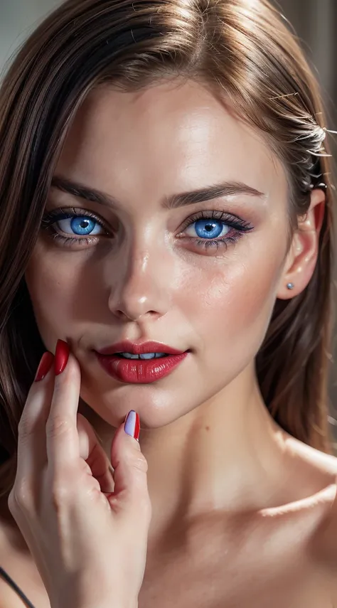 detailed woman face looking at the camera, blue eyes, hot (((thick red lipouth open with sensuality, correct deformed fingers, photorealistic, sharpened eyes, (((eyes to the camera))) slightly smiling