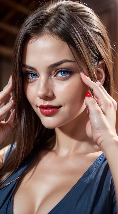 detailed woman face looking at the camera, blue eyes, hot (((thick red lipouth open with sensuality, correct deformed fingers, photorealistic, sharpened eyes, (((eyes to the camera))) slightly smiling