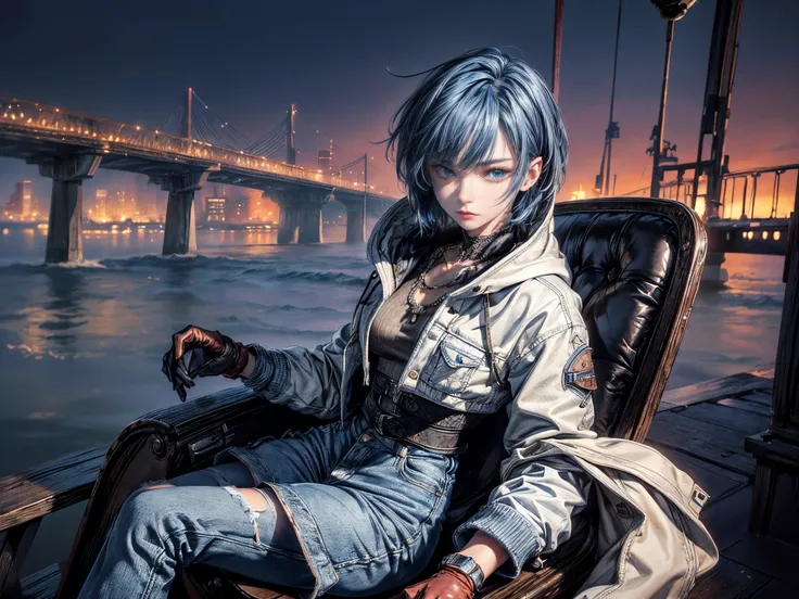 Cinematic lighting、16k picture quality、highlydetailed skin,(1girl in, Solo:1.2)、（Perfect Anatomy:1.4）Best Quality,cyberpunked,(1beautiful woman、Detailed beautiful facial features hair、Blue hair、Medium Hair、short-hair、blue eyess:1.3)Rosary Necklace、BREAK、wh...