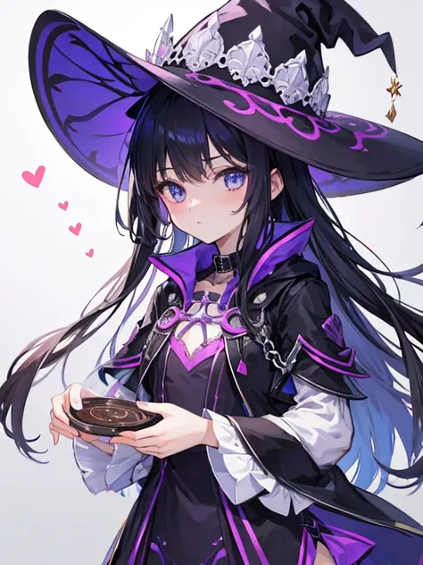 Create a Teen Girl with a Cute Face. Wearing a Witch Outfit. Her Witch Outfit Needs to be Purple. And she should have BLACK Hair. A Grimoire in her Left Hand. And Background Of Witchs Pot in the background with a Creepy Scenary