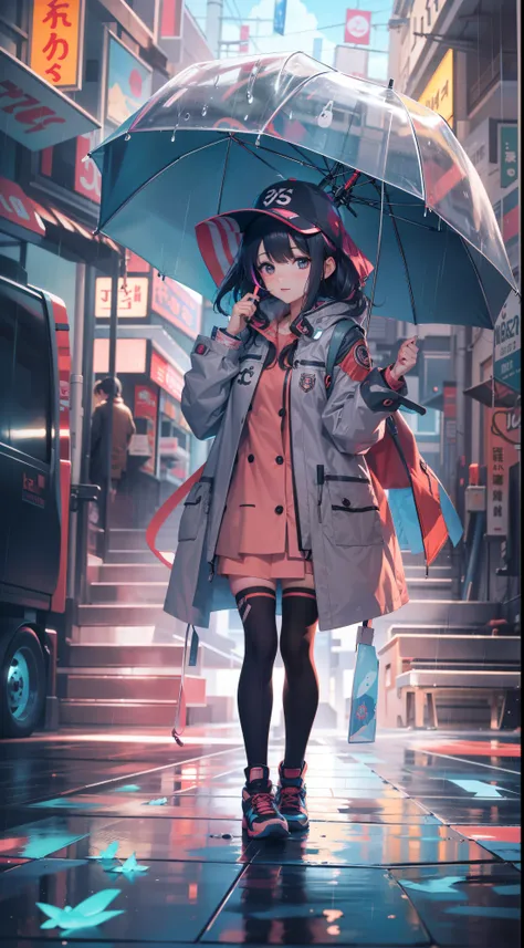 Best quality at best，16K quality，Ultra-clear image quality，Anime girl standing in rain in raincoat, Rainbow color illustration, magically glowing, Shiny and colorful, a hologram, author：Yumi, Anime art wallpaper 8 K, Guvitz-style artwork, Anime art wallpap...