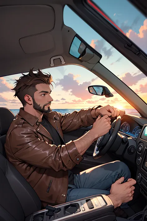 ((brown leather jacket)), short beard, brown hair, driving a jeep, sunset, ocean