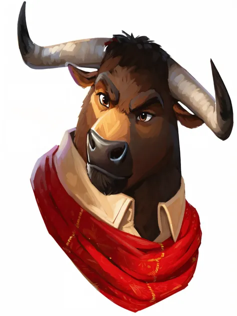 there is a bull's head，tie a red scarf around, cow head, human dressed as bull, anthro bull, depicted as a pixar character,  a b...