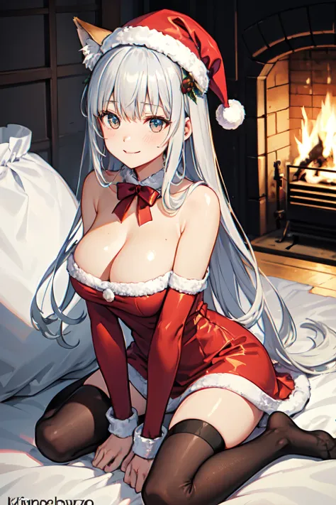 ((Best Quality)), ((masutepiece)),  Perfect face,Silvery hair、long、Okabo hair、Kanna Tanikawa、(Santa Claus Costume)、muffler、Fox ears、A smile、(Black knee socks)、Embarrassed look、in a house、Warm room、There is a fireplace in the room、beauty breast、You can see ...