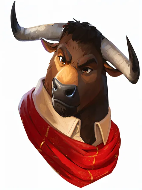 There is a bull，He wears a red scarf around his neck, Human dressed as bull, cow head, figure portrait,  A bull, figure portrait, tauren, anthro bull, Character avatar portrait, Overwatch Winston, face of an ox, Hearthstone art style, portrait of a minotau...