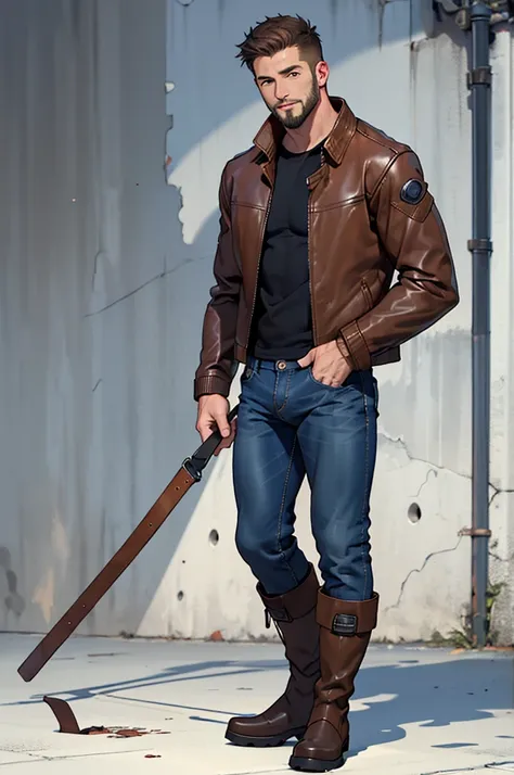 ((brown leather jacket)), dark blue jeans, ((brown gore-tex boots)), short beard, brown hair, big dick bulge