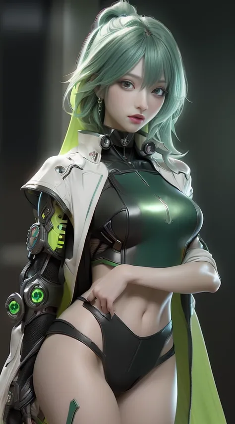 ((Best qualtiy)), ((master-piece)), (detaild:1.4),  .3D, Beautiful cyberpunk woman portrait,HDR（High Dynamic Range）,a green hair，tattoo，Ray Thrashing,NVIDIA RTX,high-res,unreal 5,subsurface scattering、PBR Textures、Post-process、Anisotropy filtration、Maximum...