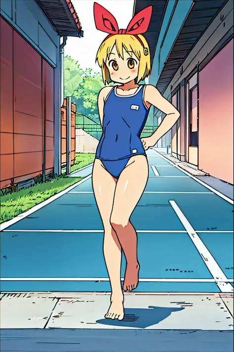 Haruna Annaka, blonde, short hair, big red ribbon on head, yellow eyes, high school student, beautiful drawing, full body, detailed background, smile, blush, navy blue school swimsuit, flat chest, summer, outside, sunlight, navy blue one-piece swimsuit