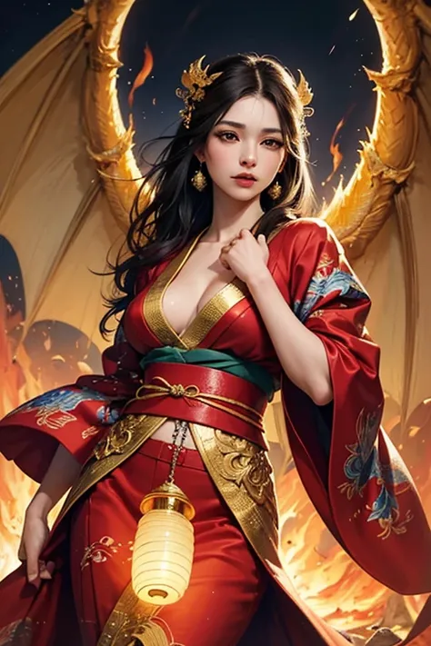 "Japanese culture girl, dragon, fire. Traditional Japanese clothing, beautiful kimono, intricate patterns, vibrant colors, delicate features, graceful movements, bright detailed eyes, beautiful detailed lips. Majestic dragon, deep red and gold scales, powe...