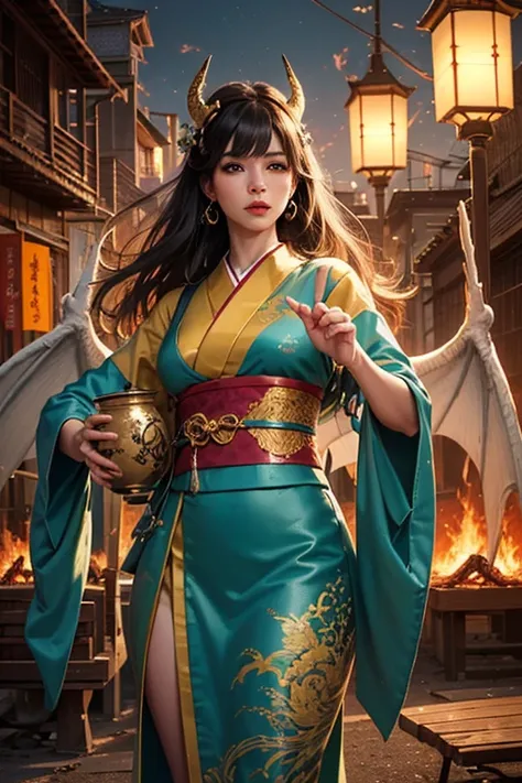 "Japanese culture girl, dragon, fire. Traditional Japanese clothing, beautiful kimono, intricate patterns, vibrant colors, delicate features, graceful movements, bright detailed eyes, beautiful detailed lips. Majestic dragon, deep red and gold scales, powe...