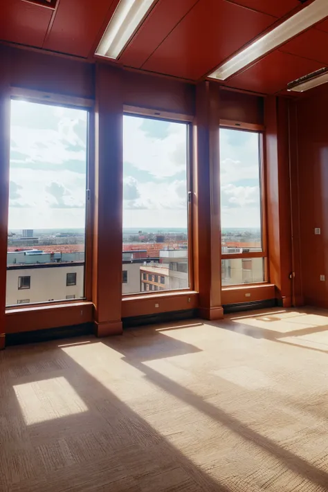 the interior of a large office with bright windows with red details)