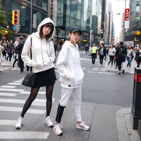 femboy, beautiful, in the middle of a crosswalk in the city, fleshy like a woman, wearing a white hoodie and hot pants,