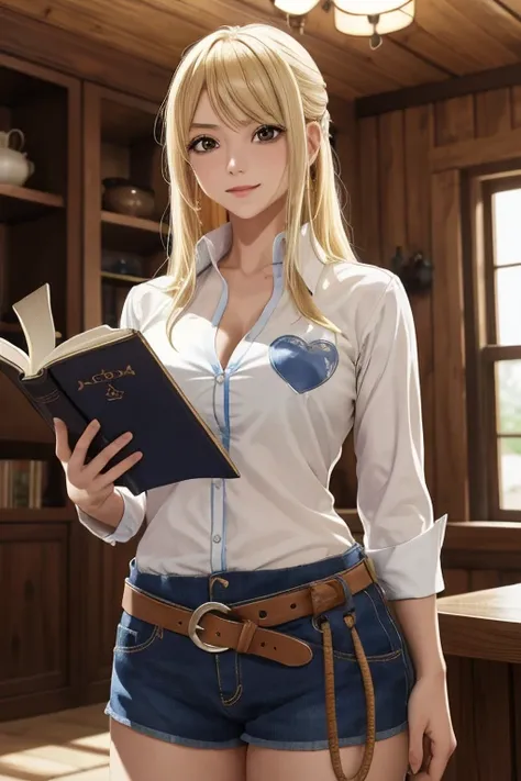 1girl, master part, best quality, Altas, Lucy Heartfilia, blonde hair, cabelos longos, seios grandes, camisa branca, Mangas, belt, saia azul, cowboy shot, Standing, Olhando para o Viewer, ao ar livre, Acenando, sorrir, boca aberta,