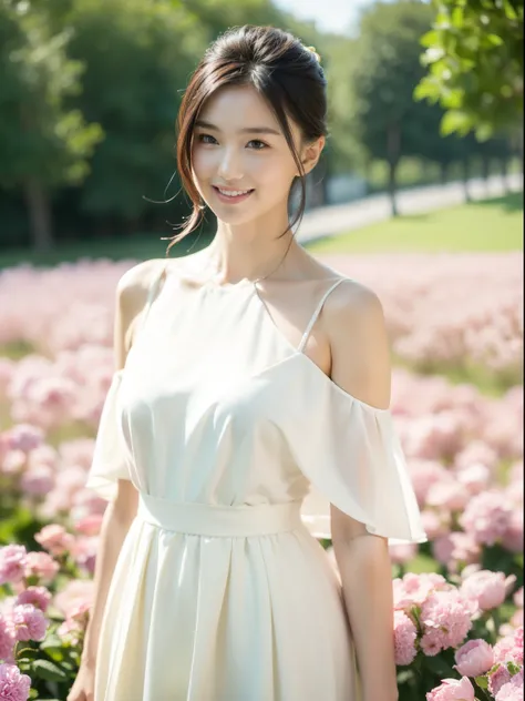 Best quality, masterpiece, ultra high res, (photorealistic:1.4), raw photo, 1girl, white dress, off shoulder, blossom flower field, glowing skin, light smile