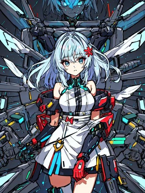 top-quality、ighly detailed、​masterpiece、ultra-detailliert、illustratio、((1girl in))、silber hair、length hair、Floating hair、、Cyber City、Neon building、(The upper part of the body:1.05)、extremely_Detailed_Eyes_And_Face,cybernetic wings mechanical wings、Random p...