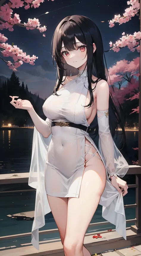 (masterpiece), (best quality), (4k resolution), (anatomy; perfect), 1 adult girl, fair skin, red eyes, (big black hair), (locks, bangs), loose hair, (light effects in hair), eyebrow, nose, ear, tight mouth, smile, (New Years outfit), white clothes, (big ch...