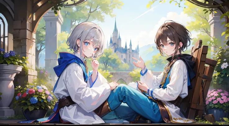 two boys playing in the castle garden、One is a boy with brown hair、Another boy with silver hair、Kingdom of Fantasy、high-level image quality