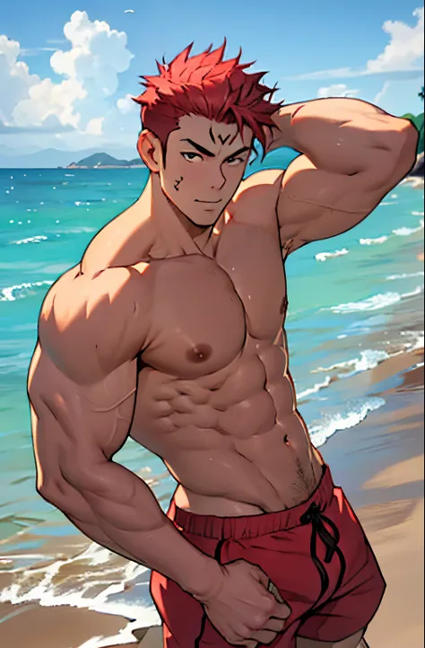 a mais alta qualidade, 8k, image high resolution, Detailed strokes, on a beautiful beach with crystal clear waters ,sentado na areia da praia, muito sol, 夏天 , muito calor, flexing your muscles , pose sexy, adolecente, red hair, sem a camisa   , masculo, Pe...