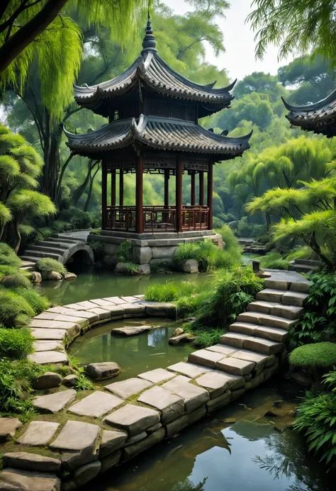 In glass bottles，Chinese Ancient Architecture，trpical garden，bamboos，lakes，Stone，gazebo，nooks，the treelowingwater，waterfallr，grassy，Rochas，vines around，the trees。