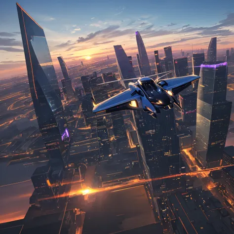 Flying taxi in future megacity in a long shot view picture that shows alots of towers in a sun down weather with purple and orange sky