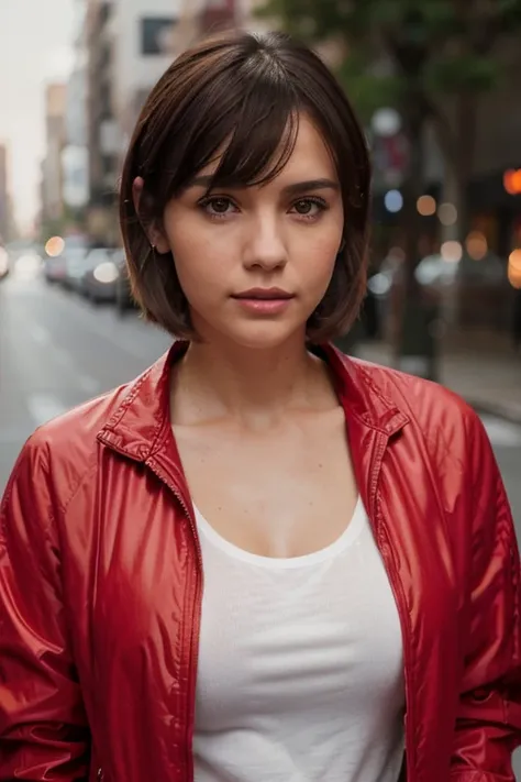 a half body portrait of a 28 years old white female, spanish woman, short hair light-brown hair, diagonal bangs, slicked-back hair, casual outfit, open jacket, (black and red) windbreaker jacket, solo, rendered eyes, high resolution 8k, canon eos 5d mark i...