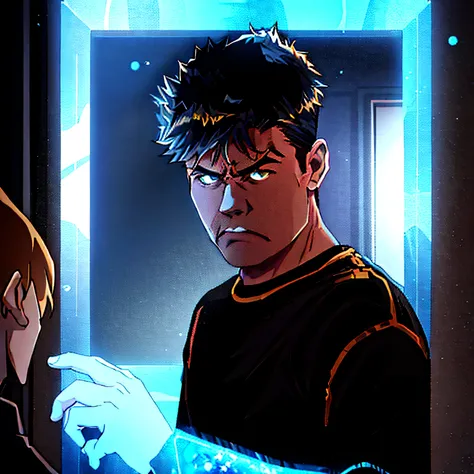 there is a man that is standing in front of a mirror, joel fletcher, angry look in his face, angry at mirror, angry look, anton fedeev, angry looking, elliot alderson, aggressive look, looking threatening, by Raphaël Collin, tyler west, looking angry, look...