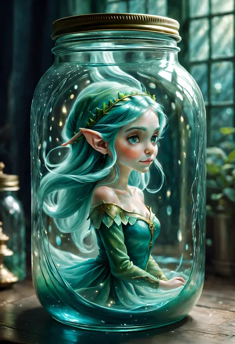 （genie in a jar，oil painted），Crystal clear glass jar，Beautiful flowing hair floating in a jar，Subtle reflections and refractions in glass，Detailed brushstrokes capture the ethereal beauty of the elves，subtle blue-green tint，Creates a fantastic atmosphere，M...