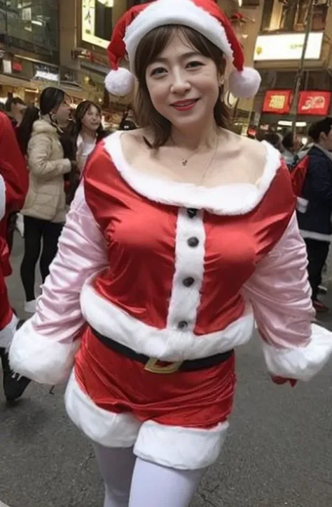 japanese mature, (Solo), 50 years old, (Wrinkles at the corners of the eyes:1.5), Large breasts, A MILF, glamor, A sexy, Chromo-white skin, Looking at Viewer、Super large udder、(((Santa Claus Costume))), (a miniskirt:1.2))、Black pantyhose、high-heels、ssmile、...