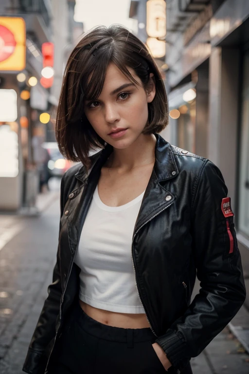 a half body portrait of a 28 years old white female, spanish woman, short hair light-brown hair, diagonal bangs, slicked-back hair, casual outfit, open jacket, (black) sports coat with red details, solo, rendered eyes, high resolution 8k, canon eos 5d mark...