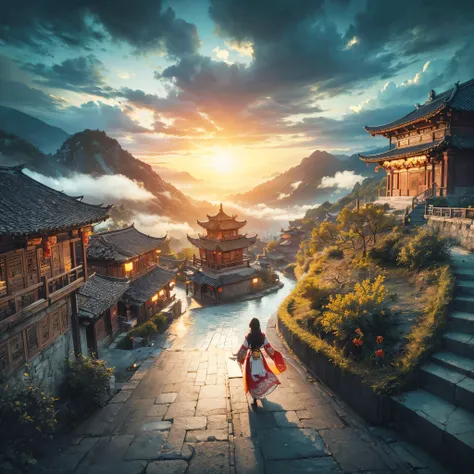 generate a beautifull panorama at chinesse traditional village on the mountain, chinesse temple at mountain, beautifull sun, beautifull sky, beautifull clouds, there is a traditional chinesse girl walking on the village street, masterpiece, best quality:1....