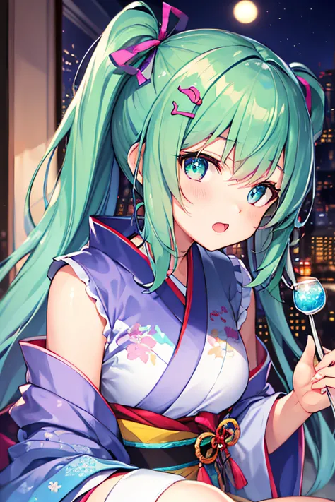 ​masterpiece、Top image quality、超A high resolution、miku hatsune、blue hairs、Twin-tailed、Blushing、is in estrus、mock、Open your mouth just a little、Short kimono、well-shaped thighs、kyoto、Japan、Night