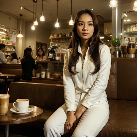 Full body photo Indonesian woman age 30 Years old, face looks naturally brown, flat nose, slightly wide forehead, long curly hair, Wearing a red hijab, white clothes, jeans jacket ,Sitting in a cafe holding a cup of coffee, cafe background, night atmospher...