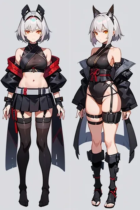 silver haired fox girl, with 2 tails, ninja, sexy, character art design sheet, short skirt halter top black, armor forearm guards, thigh straps, belts with pouches, ninjato attached to center back at hipline.